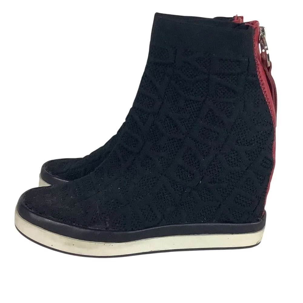 DKNY Black Knit Logo Wedge Sneakers High Top Zip Back Red Accents Platform Boots